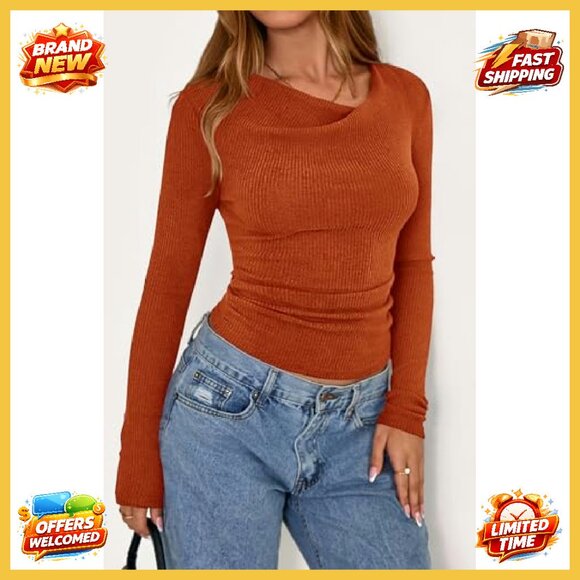 Long Sleeve Cowl Neck Ribbed Knit Slim Fit Ruched Crop Top Y2K - Picture 6 of 8